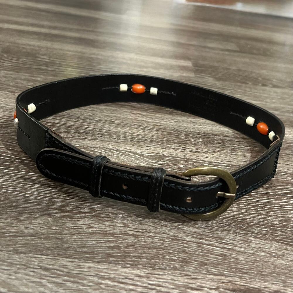 Vintage L.L.Bean Black Leather Beaded Belt Sz L Brass Buckle Western Boho Unisex - Picture 10 of 12